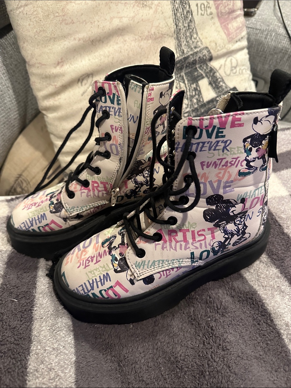 Zara Pink and Black Mickey Graphic Lace-Up Kids Boots